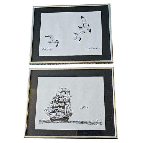 Gaylord Stevens Nautical Pen & Ink Prints Framed Art Seagull Ship Set 1975 1976 - Picture 2 of 9